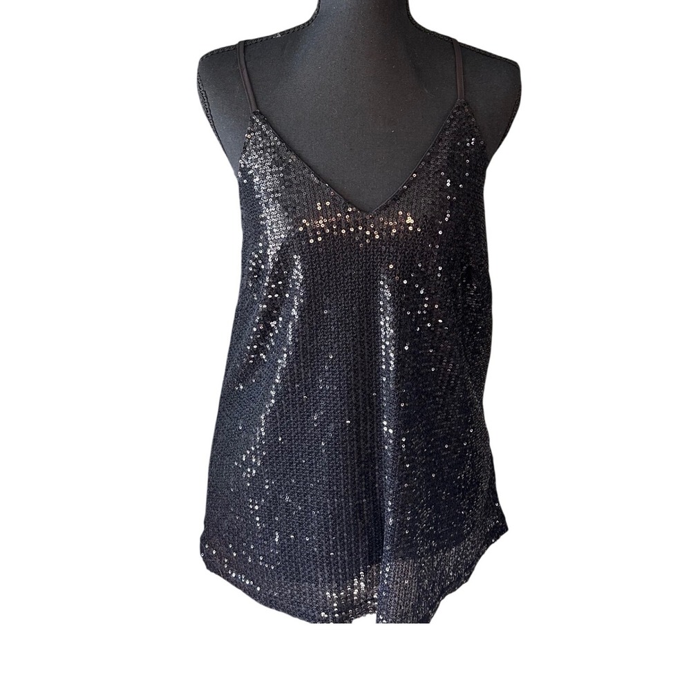 Black Sequin Tank Top Medium Sparkly Racerback Party Club Y2K Glam Cami
